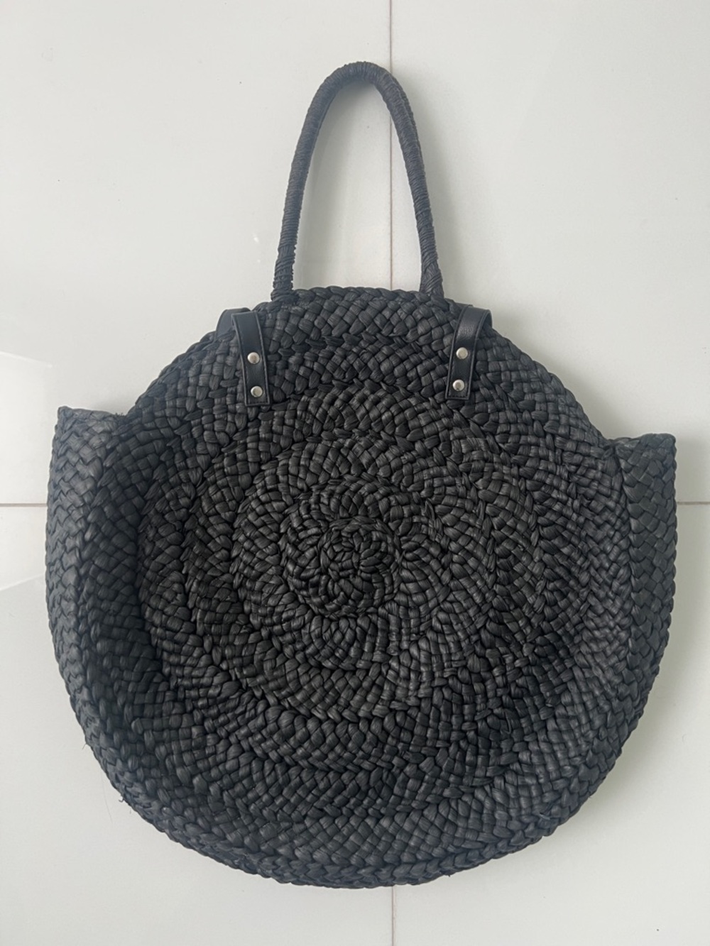 Mud Pie Black Woven Round Tote